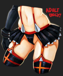 Rule 34 | 10s, 1girl, adultonly, bad id, bad pixiv id, close-up, english text, highres, kill la kill, matoi ryuuko, microskirt, navel, revealing clothes, senketsu, simple background, skirt, solo, stomach, suspenders, thighhighs, thighs, thong