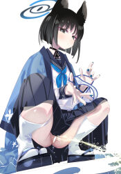 1girl animal_ears black_choker black_eyes black_footwear black_hair black_sailor_collar black_skirt blue_archive blue_neckerchief censored choker closed_mouth doku_momo from_below green_nails halo highres holding holding_panties holding_underwear holding_unworn_clothes japanese_clothes kikyou_(blue_archive) kimono light_blush looking_at_viewer neckerchief open_clothes open_kimono panties peeing presenting_removed_panties sailor_collar sandals school_uniform serafuku skirt socks solo squatting underwear unworn_panties white_background white_socks zouri