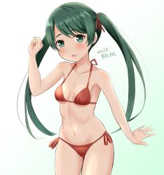 Rule 34 | 1girl, ame-san, bikini, breasts, commentary request, cowboy shot, dated, gradient background, green background, green eyes, green hair, halterneck, highres, kantai collection, long hair, looking at viewer, mikuma (kancolle), one-hour drawing challenge, red bikini, side-tie bikini bottom, small breasts, solo, string bikini, swimsuit, twintails, twitter username, white background