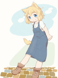 Rule 34 | 1girl, animal ears, arms behind back, blonde hair, blue dress, blue eyes, boots, brown footwear, commentary request, denim dress, dog ears, dog tail, dress, full body, highres, original, overalls, own hands together, shirt, short hair, smile, solo, sudumenooyado, tail, white shirt