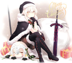 Rule 34 | 2girls, ahoge, artoria pendragon (all), artoria pendragon (fate), bell, black cape, black footwear, black gloves, black hat, black legwear, black santa costume, blonde hair, blush, boots, bow, box, cape, capelet, christmas, closed mouth, crossed legs, elbow gloves, eyebrows, fate/grand order, fate (series), fur-trimmed boots, fur trim, fuu (fuore), gift, gift box, gloves, hair between eyes, hair bow, hair ribbon, hat, head rest, headpiece, highres, jeanne d&#039;arc (fate), jeanne d&#039;arc (ruler) (fate), jeanne d&#039;arc alter (fate), jeanne d&#039;arc alter santa lily (fate), looking down, looking to the side, looking up, lying, merry christmas, multiple girls, on stomach, pantyhose, planted, pom pom (clothes), pout, ribbon, saber (fate), saber alter, sack, santa alter, santa costume, santa hat, sidelocks, sitting, sitting on person, snow, snowing, sword, sword plant, thigh boots, thighhighs, weapon, yellow eyes