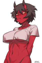 Rule 34 | 1girl, arms behind back, black hair, bottomless, breasts, closed mouth, colored skin, cropped shirt, groin, horns, kidouko (zakusi), looking at viewer, medium breasts, navel, oni, oni horns, original, out-of-frame censoring, red oni, red skin, shirt, short hair, short sleeves, signature, simple background, slit pupils, solo, underboob, white background, white shirt, yellow eyes, zakusi