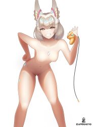 Rule 34 | 1girl, absurdres, animal ears, artist logo, artist name, blunt bangs, body markings, breasts, cat ears, cat girl, chest jewel, collarbone, commentary, completely nude, controller, english commentary, facial mark, feet out of frame, gamecube controller, gluteal fold, grey hair, hand on own hip, hand up, highres, holding, holding controller, leaning forward, looking at viewer, meme, navel, nia (xenoblade), nipples, nude, short hair, small breasts, smile, solo, teeth, twitter strip game (meme), white background, wire, xenoblade chronicles (series), xenoblade chronicles 2, yellow eyes, zambonito