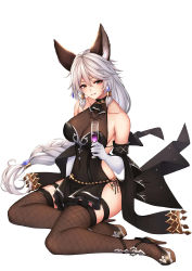 Rule 34 | 1girl, absurdres, animal ears, bare shoulders, black dress, blush, braid, breasts, brown eyes, brown thighhighs, champagne flute, cleavage, collarbone, cup, dress, drinking glass, earrings, elbow gloves, erune, fishnet thighhighs, fishnets, full body, gem, gloves, granblue fantasy, hair between eyes, hair tubes, heles, heles (irestill evening dress) (granblue fantasy), high heels, highres, holding, holding cup, jewelry, large breasts, long hair, looking at viewer, parted lips, pelvic curtain, purple gemstone, silver hair, simple background, single braid, sitting, smile, solo, thigh strap, thighhighs, very long hair, white background, white gloves, ym (distance819), yokozuwari