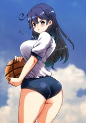 Rule 34 | 10s, 1girl, ahoge, ass, ball, bare legs, basketball, basketball (object), black hair, blush, breasts, buruma, day, from side, grey eyes, gym uniform, kantai collection, large breasts, long hair, looking at viewer, perepere-kun, shiny clothes, shiny skin, shirt, short sleeves, sky, solo, surprised, thighs, underwear, ushio (kancolle)