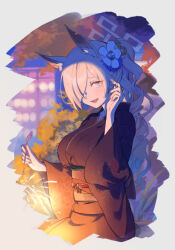 Rule 34 | 1girl, animal ear fluff, animal ears, black kimono, blonde hair, blue archive, blue halo, blush, breasts, fireworks, floral print, flower, hair flower, hair ornament, hair over one eye, halo, holding fireworks, japanese clothes, kanna (blue archive), kimono, large breasts, long hair, long sleeves, looking at viewer, notched ear, obi, open mouth, ponytail, sash, sharp teeth, signature, solo, sparkler, tautiki, teeth, very long hair, white flower, wide sleeves, yukata