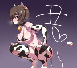 Rule 34 | 1girl, animal ears, animal print, bell, bikini, blush, breasts, brown eyes, brown hair, chinese clothes, chinese zodiac, cleavage, collar, covered erect nipples, cow ears, cow horns, cow print, cow tail, cowbell, curvy, fake animal ears, fake tail, girls und panzer, hanya (hanya yashiki), heavy breathing, highres, horns, navel, neck bell, nishizumi maho, shiny skin, short hair, solo, spread legs, squatting, sweat, swimsuit, tail, thighhighs, tiptoes, year of the ox