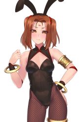Rule 34 | 1girl, adapted costume, animal ears, armlet, bangle, bare shoulders, black hairband, black leotard, bow, bracelet, breasts, brown eyes, brown hair, brown pantyhose, closed mouth, commentary request, cowboy shot, facial mark, fake animal ears, fate/grand order, fate (series), fishnet pantyhose, fishnets, forehead mark, hair ornament, hair scrunchie, hairband, hand on own hip, hand up, head tilt, highres, hikichi sakuya, jewelry, leotard, looking at viewer, medium hair, nezha (fate), pantyhose, playboy bunny, rabbit ears, red bow, red scrunchie, scrunchie, sidelocks, simple background, small breasts, solo, standing, thighlet, twintails, v-shaped eyebrows, white background, wrist cuffs