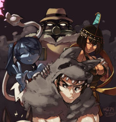 Rule 34 | 2013, 2boys, 3girls, android, animal ears, bare shoulders, beowulf (skullgirls), big band, black dress, black hair, blood, blue hair, blue skin, bone, breasts, cape, cat ears, cleavage, colored skin, dark skin, dated, detached collar, detached sleeves, dress, egyptian, eliza (skullgirls), fedora, fire, fire, gas mask, hair over one eye, halterneck, hat, head out of frame, hood, junkpuyo, large breasts, leviathan (skullgirls), mask, monster girl, multiple boys, multiple girls, no pupils, one eye closed, parasite, pelt, robo-fortune, robot, short hair, side ponytail, skullgirls, smile, squigly (skullgirls), stitched mouth, stitches, striped, striped sleeves, tiara, trait connection, v, wink, zombie
