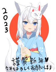 Rule 34 | 1girl, 2023, absurdres, animal ears, bandaid, bandaid on cheek, bandaid on face, blue kimono, chinese zodiac, commentary request, floral print, fox ears, fox girl, fox tail, highres, holding, japanese clothes, kimono, kuronagi (mitora uwu), long hair, long sleeves, looking at viewer, mask, mask on head, obi, omikuji, original, own hands together, print kimono, rabbit mask, red background, sash, smile, solo, tail, translation request, two-tone background, white background, white hair, wide sleeves, year of the rabbit