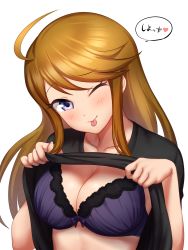 Rule 34 | 1girl, ;p, ahoge, black shirt, blue eyes, blush, bow, bow bra, bra, breasts, brown hair, cleavage, greenteamousou, heart, highres, idolmaster, idolmaster million live!, lace, lace-trimmed bra, lace trim, large breasts, long hair, looking at viewer, one eye closed, purple bra, shirt, short sleeves, smile, solo, spoken heart, swept bangs, t-shirt, tokoro megumi, tongue, tongue out, underwear, upper body, very long hair
