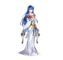 Rule 34 | 1girl, absurdres, belt, blue eyes, blue hair, breasts, bridal gauntlets, closed mouth, commentary request, dress, earrings, elice (fire emblem), fire emblem, fire emblem: mystery of the emblem, fire emblem heroes, full body, gold trim, hand on own chest, hand up, highres, jewelry, lips, long dress, long hair, long skirt, long sleeves, looking at viewer, medium breasts, nintendo, official art, simple background, skirt, solo, standing, wada sachiko, white background, white dress, wide sleeves
