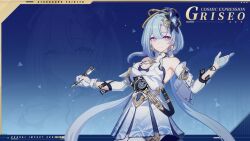 Rule 34 | 1girl, aged up, blue background, blue headwear, blue theme, breasts, character name, chinese commentary, cleavage cutout, closed mouth, clothing cutout, dress, earrings, english text, gloves, griseo, griseo (cosmic expression), halo, highres, holding, holding paintbrush, holding weapon, honkai (series), honkai impact 3rd, jewelry, large breasts, long hair, official art, official wallpaper, open hand, paintbrush, purple eyes, smile, solo, twintails, upper body, weapon, white dress, white gloves, white sleeves