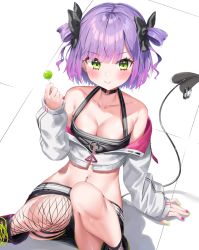 Rule 34 | 1girl, arm support, bare shoulders, black choker, black shirt, black shorts, bow, breasts, candy, choker, cleavage, closed mouth, crop top, cropped jacket, demon tail, fishnet thighhighs, fishnets, food, green eyes, hair bow, halterneck, halterneck, highres, holding, hololive, jacket, k mugura, lollipop, long sleeves, medium breasts, midriff, navel, navel piercing, no headwear, no headwear, off shoulder, piercing, pointy ears, purple hair, shirt, shoes, short hair, short shorts, shorts, single thighhigh, sleeveless, sleeveless shirt, smile, solo, stomach, tail, thighhighs, tokoyami towa, two side up, undershirt, virtual youtuber, white jacket