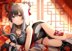 Rule 34 | 1girl, absurdres, bare legs, braid, china dress, chinese clothes, cleavage cutout, clothing cutout, dress, feet out of frame, gloves, goddess of victory: nikke, hair ribbon, hair rings, highres, indoors, long hair, looking at viewer, lying, red eyes, ribbon, rindou ringdong, skirt, smile, thighs, twin braids, yan (nikke)