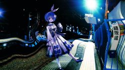 Rule 34 | 1girl, :o, afternooners, bad id, bad twitter id, blue eyes, blue hair, bow, distortion, dress, empty eyes, fence, frilled dress, frills, hair bow, headband, highres, lens flare, looking at viewer, night, original, outdoors, pants, photo background, railroad tracks, shoes, short hair, sleeves past wrists, solo, standing, standing on one leg, tactile paving, train station, white pants