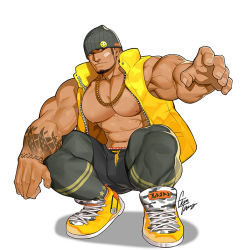 Rule 34 | 1boy, abs, bandaid, bara, beanie, black pants, closed mouth, facial hair, gomtang, grey eyes, hat, jacket, jewelry, large pectorals, male focus, mature male, muscular, muscular male, navel, necklace, nipples, open clothes, open jacket, original, pants, pectorals, shoes, sideburns, sleeveless, sleeveless jacket, solo, yellow footwear, yellow jacket