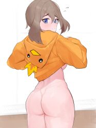 Rule 34 | 1girl, absurdres, ass, backboob, blue eyes, bottomless, breasts, closed mouth, clothes lift, commentary request, creatures (company), embarrassed, flying sweatdrops, from behind, game freak, gatchan, gen 3 pokemon, hair between eyes, highres, hood, hood down, hoodie, hoodie lift, lifted by self, light blush, light brown hair, long sleeves, looking at viewer, looking back, may (pokemon), medium breasts, nintendo, pokemon, pokemon rse, simple background, solo, torchic, yellow hoodie