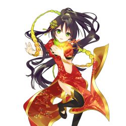Rule 34 | 1girl, black thighhighs, bracelet, china dress, chinese clothes, dress, fire, floral print, green eyes, hair ornament, high ponytail, jewelry, long hair, looking at viewer, official art, open mouth, ponytail, short sleeves, side slit, solo, suzaku (uchi no hime-sama), thighhighs, transparent background, uchi no hime-sama ga ichiban kawaii, very long hair, wind, wind lift