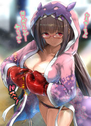 Rule 34 | 1girl, akabeko207, bikini, black bikini, blush, boxing gloves, breasts, brown hair, cleavage, collarbone, commentary request, fate/grand order, fate (series), glasses, highres, hood, hood up, hooded robe, japanese text, large breasts, long hair, osakabehime (fate), osakabehime (swimsuit archer) (fate), osakabehime (swimsuit archer) (second ascension) (fate), purple eyes, purple robe, robe, solo, sweat, swimsuit, translation request, very long hair