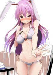 Rule 34 | 1girl, absurdres, animal ears, blush, bra, commentary, commentary request, embarrassed, highres, kamunika, long hair, navel, panties, purple hair, rabbit ears, rabbit girl, red eyes, reisen udongein inaba, solo, table, tearing up, tissue box, touhou, underwear, v, white bra, white panties