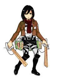 Rule 34 | 1girl, belt, black hair, boots, cropped jacket, food, food in mouth, food-themed clothes, full body, grey eyes, jacket, knee boots, long sleeves, looking at viewer, mikasa ackerman, okada (hoooojicha), pocky, scarf, shingeki no kyojin, short hair, snack, standing, thigh strap, three-dimensional maneuver gear, white background