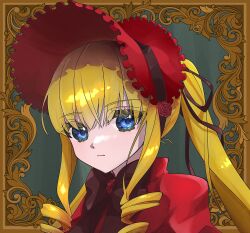 Rule 34 | 1girl, absurdres, blonde hair, blue eyes, bonnet, bow, bowtie, brown bow, brown bowtie, capelet, closed mouth, commentary request, drill hair, drill sidelocks, expressionless, flower brooch, frilled capelet, frills, hair between eyes, highres, looking at viewer, medium bangs, picture frame, red headwear, rozen maiden, shinku, sidelocks, solo, tsuyuno ameko, twintails, upper body