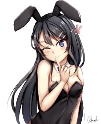 Rule 34 | 10s, 1girl, ;), animal ears, bare arms, bare shoulders, black hair, black hairband, black leotard, blush, breasts, chrisandita, cleavage, closed mouth, collar, collarbone, commentary, detached collar, fake animal ears, finger to mouth, fishnets, hair between eyes, hair ornament, hairband, hairclip, hand up, head tilt, highres, leotard, long hair, medium breasts, one eye closed, playboy bunny, purple eyes, rabbit ears, rabbit hair ornament, sakurajima mai, seishun buta yarou, shushing, signature, simple background, smile, solo, strapless, strapless leotard, upper body, v-shaped eyebrows, very long hair, white background, white collar