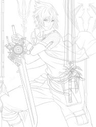 Rule 34 | 1boy, bad proportions, boots, collar, commentary request, engine blade, final fantasy, final fantasy xv, fingerless gloves, gloves, greyscale, hair between eyes, highres, holding, holding sword, holding weapon, jacket, male focus, monochrome, noctis lucis caelum, polearm, shirt, short hair, single glove, sirenlin, spear, spiked hair, sword, tekken, tekken 7, weapon