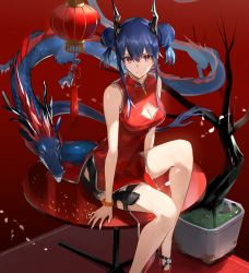Rule 34 | 1girl, arknights, bare arms, bare legs, bare shoulders, bead bracelet, beads, black shorts, blue hair, bracelet, breasts, ch&#039;en (ageless afterglow) (arknights), ch&#039;en (arknights), china dress, chinese clothes, cleavage cutout, clothing cutout, double bun, dragon, dragon girl, dragon horns, dragon tail, dress, eastern dragon, hair between eyes, hair bun, highres, horns, hoshi rasuku, jewelry, long hair, looking at viewer, medium breasts, official alternate costume, petals, red background, red dress, red eyes, red footwear, shorts, sidelocks, sitting, sleeveless, sleeveless dress, solo, tail, thighs