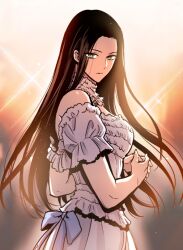 Rule 34 | 1girl, altair justina cayenne, brown hair, closed mouth, collared dress, doom breaker, dress, green eyes, hands up, long hair, looking at viewer, serious, solo, very long hair, white dress