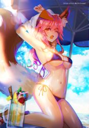 Rule 34 | 10s, 1girl, 2016, ;o, animal ears, armpits, arms up, astarone, beach, beach umbrella, bikini, blouse, blue bikini, blue sky, blurry, breasts, cloud, cup, dated, day, depth of field, drink, drinking glass, drinking straw, eyebrows, fang, fate/extra, fate/grand order, fate (series), flip-flops, food, fox ears, fox tail, from below, fruit, glass, hair between eyes, kneeling, lens flare, light particles, long hair, navel, one eye closed, outdoors, pink hair, sandals, shade, shiny skin, shirt, side-tie bikini bottom, sky, solo, stomach, strap gap, strawberry, string bikini, summer, swimsuit, tail, tamamo (fate), tamamo no mae (fate/extra), tamamo no mae (swimsuit lancer) (fate), twitter username, umbrella, underboob, undressing, wet, wet clothes, wet shirt, white shirt, yellow eyes