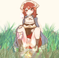 Rule 34 | 1girl, anus, atelier (series), atelier sophie, blue jacket, blush, boots, breasts, brown eyes, brown footwear, brown shirt, clothes lift, grass, hand on own knee, head scarf, jacket, jewelry, long sleeves, looking at viewer, medium breasts, meema, necklace, open clothes, open jacket, panties, panties around leg, pee stain, peeing, pink panties, pubic hair, puddle, pussy, red hair, red skirt, rock, shirt, short hair, skirt, skirt lift, sky, sophie neuenmuller, squatting, stained panties, steam, sweatdrop, uncensored, underwear, wet, wet clothes, wet panties, white shirt