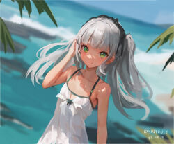 Rule 34 | 1girl, beach, black hairband, blue sky, blunt bangs, cloud, commentary request, dated, day, dress, dutch angle, green eyes, grey hair, hairband, horizon, kantai collection, long hair, maestrale (kancolle), ocean, one-hour drawing challenge, one side up, outdoors, shidou (shiyou j), sky, smile, solo, spaghetti strap, sundress, tan, twitter username