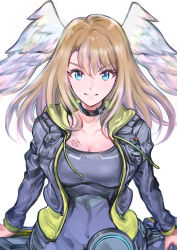 Rule 34 | 1girl, absurdres, black bodysuit, black choker, black jacket, blue eyes, bodysuit, breast tattoo, breasts, choker, cleavage, eunie (xenoblade), head wings, highres, hood, jacket, large breasts, latex, latex bodysuit, long hair, long sleeves, looking at viewer, open clothes, open jacket, solo, tattoo, ug333333, white wings, wings, xenoblade chronicles (series), xenoblade chronicles 3