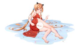 Rule 34 | 1girl, absurdres, alisa southerncross, animal ears, ass, barefoot, blush, breasts, cat ears, cherry blossoms, chinese clothes, cleavage, feet, highres, keroro gunsou, long hair, looking at viewer, lying, on side, orange hair, red eyes, smile, soles, toes, twintails, v, water