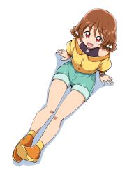 Rule 34 | 1girl, aqua shorts, bare shoulders, braid, braided hair rings, brown hair, delicious party precure, from above, hair between eyes, hair rings, hanamichi ran, highres, looking up, open mouth, precure, red eyes, shadow, shirt, shorts, simple background, smile, solo, turtleneck, twin braids, uraki, white background, yellow footwear, yellow shirt