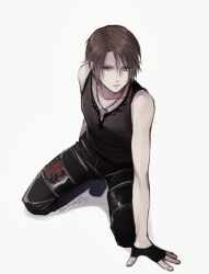 Rule 34 | 1boy, alternate costume, black footwear, black gloves, black pants, black shirt, blue eyes, brown hair, chain, chain necklace, commentary, cross-laced clothes, cross-laced legwear, dated, final fantasy, final fantasy viii, fingerless gloves, gloves, grey background, hand on ground, hiryuu (kana h), jewelry, kneeling, looking to the side, male focus, necklace, pants, parted lips, scar, scar on face, shirt, short hair, signature, simple background, sleeveless, sleeveless shirt, solo, squall leonhart, thigh strap, v-neck