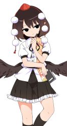 Rule 34 | 1girl, black legwear, brown hair, contrapposto, cowboy shot, hat, holding, holding notepad, holding pen, leaf print, maguro (mawaru sushi), neck ribbon, notepad, pen, pleated skirt, pointy ears, pom pom (clothes), ribbon, shameimaru aya, short hair, simple background, skirt, solo, standing, tokin hat, touhou, white background, wings