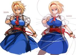 Rule 34 | 1girl, alice margatroid, ascot, blonde hair, blue dress, blue eyes, breasts, capelet, dress, frilled ascot, frills, grimoire of alice, hairband, large breasts, lolita hairband, puffy short sleeves, puffy sleeves, red ascot, red hairband, sachito, short hair, short sleeves, simple background, solo, touhou, white background