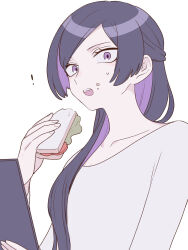 Rule 34 | !, 1girl, colored inner hair, eating, food, food on face, hair over shoulder, half updo, highres, holding, holding food, long sleeves, looking at viewer, maco22, multicolored hair, open mouth, original, purple eyes, purple hair, sandwich, solo