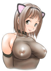 Rule 34 | 1girl, animal ears, breasts, brown hair, cat ears, collar, covered erect nipples, elbow gloves, gloves, large breasts, nipples, no bra, orange brand, see-through, short hair, smile, solo