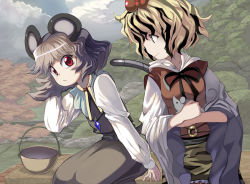 Rule 34 | 2girls, animal ears, animal print, basket, black hair, blonde hair, capelet, female focus, grey hair, hair ornament, highres, jewelry, mouse (animal), mouse ears, mouse tail, multicolored hair, multiple girls, nazrin, pendant, red eyes, short hair, sitting, smile, syope, tail, tiger print, toramaru shou, touhou, two-tone hair, yellow eyes