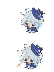 Rule 34 | ..., 1girl, 2koma, :o, ahoge, blue hat, blue jacket, chibi, closed mouth, comic, commentary, english commentary, furina (genshin impact), genshin impact, hair between eyes, hat, highres, jacket, long sleeves, mlem, open mouth, ribbon, simple background, solo, top hat, v-shaped eyebrows, white background