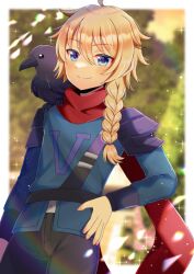 Rule 34 | 1girl, ahoge, animal, animal on shoulder, bird, bird on shoulder, bird request, black pants, blonde hair, blue eyes, blue shirt, blurry, blurry background, blush, braid, closed mouth, commentary request, commission, cowboy shot, depth of field, hair between eyes, hand on own hip, kou hiyoyo, long hair, long sleeves, looking at viewer, original, pants, red scarf, scarf, shirt, single braid, skeb commission, smile, solo