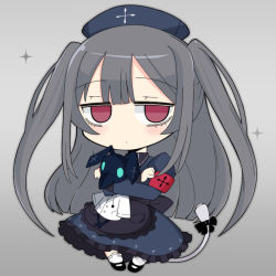 Rule 34 | 1girl, akiiro, chibi, closed mouth, full body, grey background, grey hair, long hair, looking at viewer, minai karte, red eyes, simple background, socks, solo, twintails, virtual youtuber, white socks