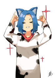 Rule 34 | &gt; &lt;, 1girl, absurdres, animal ear fluff, animal ears, animal print, arms up, blue hair, cat ears, chinese commentary, commentary request, cow print, eyes visible through hair, grin, highres, hinata channel, inugami kokage, linpiu, long sleeves, nekomiya hinata, onesie, parted lips, short hair, signature, simple background, smile, solo, sparkle, upper body, virtual youtuber, white background