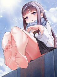 Rule 34 | 1girl, absurdres, barefoot, blush, envel203, feet, fern (sousou no frieren), highres, long hair, looking at viewer, parted lips, purple eyes, soles, sousou no frieren, toes