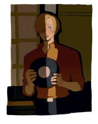 Rule 34 | 1boy, black pants, blonde hair, blue eyes, blush, cigarette, curly eyebrows, facial hair, hair over one eye, highres, jennyandloiryan, looking at viewer, male focus, one piece, orange shirt, pants, record, sanji (one piece), shirt, short hair, sleeves rolled up, smoking, solo, straw hat pirates, upper body