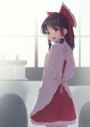 Rule 34 | 1girl, apron, backlighting, black hair, blurry, blush, bow, cowboy shot, depth of field, from behind, hair bow, hair tubes, hakurei reimu, half updo, head tilt, highres, indoors, kanpa (campagne 9), kappougi, kitchen, looking at viewer, looking back, open mouth, oven, petticoat, ponytail, sidelocks, solo, standing, teeth, touhou, tying apron, upper teeth only, window